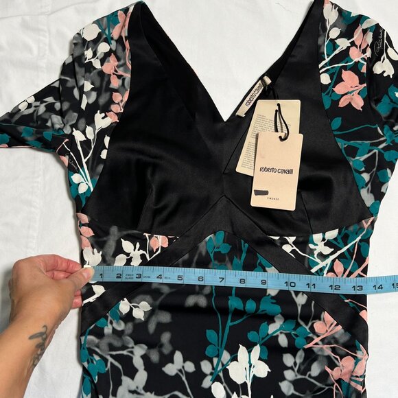 NWT roberto cavalli Dress Leaf Botanical Print Knit V-neck Black Green Pink US 6 - Picture 9 of 16